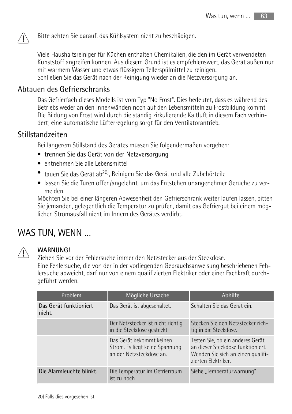 Was tun, wenn, Abtauen des gefrierschranks, Stillstandzeiten | AEG S94400CTX0 User Manual | Page 63 / 104