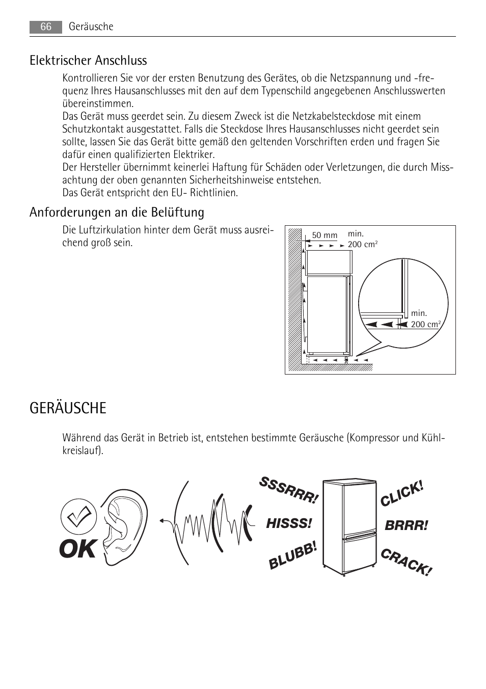 Geräusche, Elektrischer anschluss, Anforderungen an die belüftung | AEG S94400CTX0 User Manual | Page 66 / 104