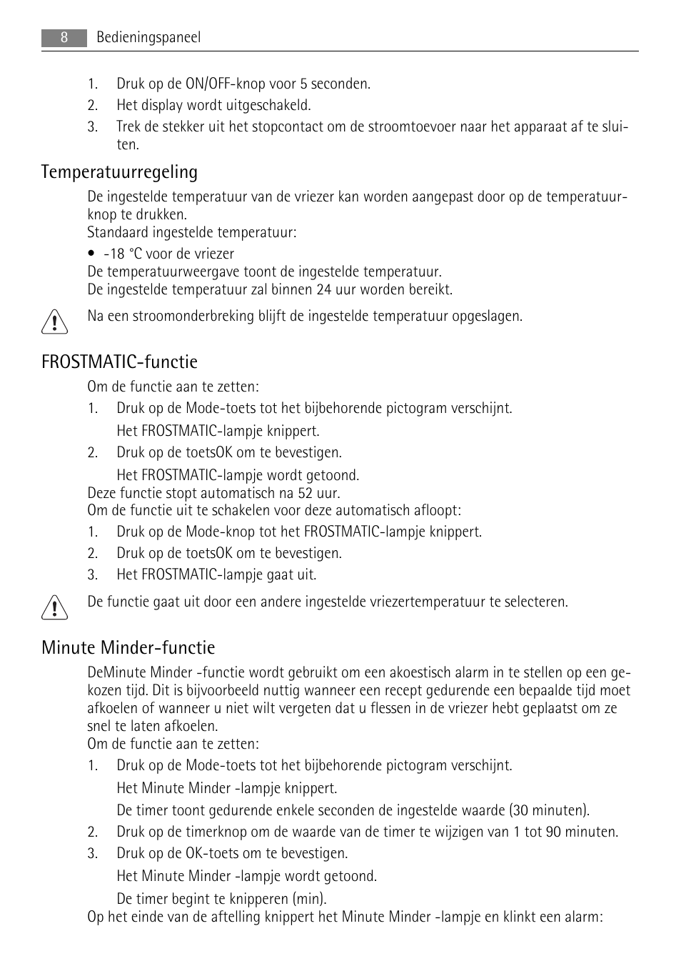 Temperatuurregeling, Frostmatic-functie, Minute minder-functie | AEG S94400CTX0 User Manual | Page 8 / 104