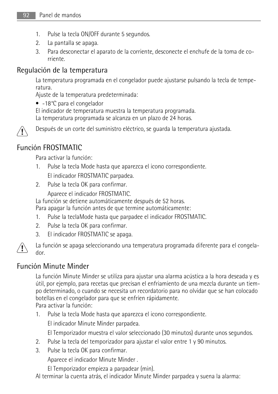 Regulación de la temperatura, Función frostmatic, Función minute minder | AEG S94400CTX0 User Manual | Page 92 / 104