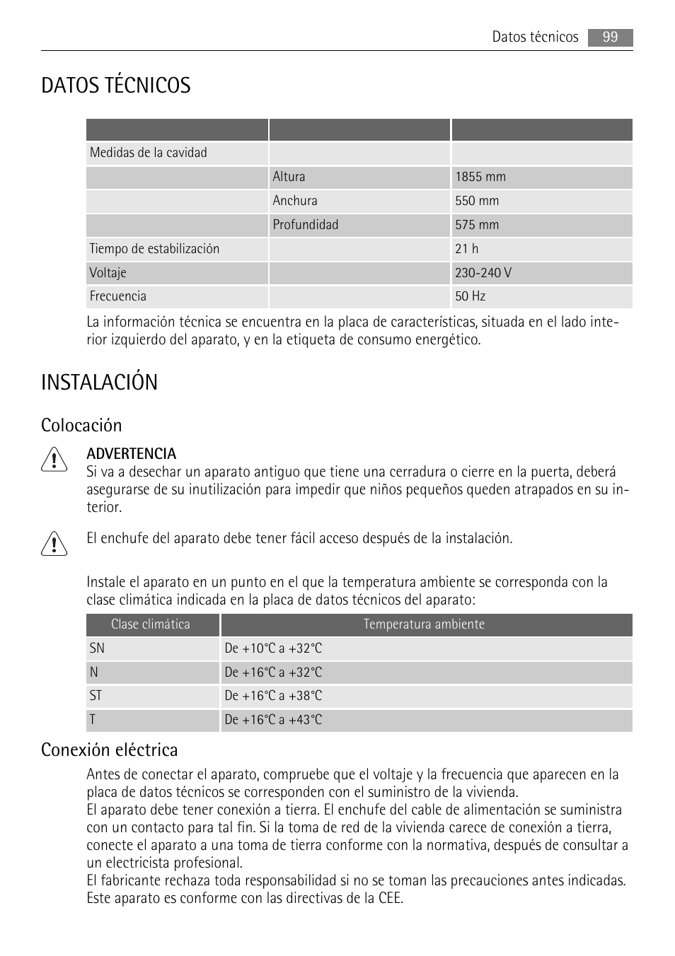 Datos técnicos, Instalación, Colocación | Conexión eléctrica | AEG S94400CTX0 User Manual | Page 99 / 104