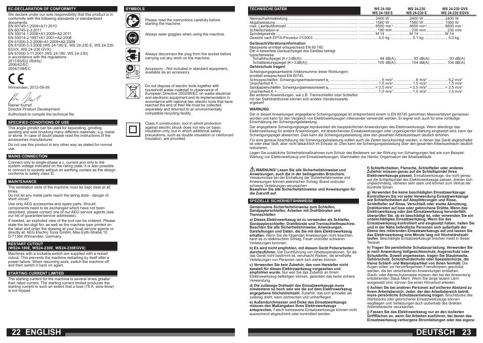 English, Deutsch | AEG WS 24-180 User Manual | Page 12 / 33
