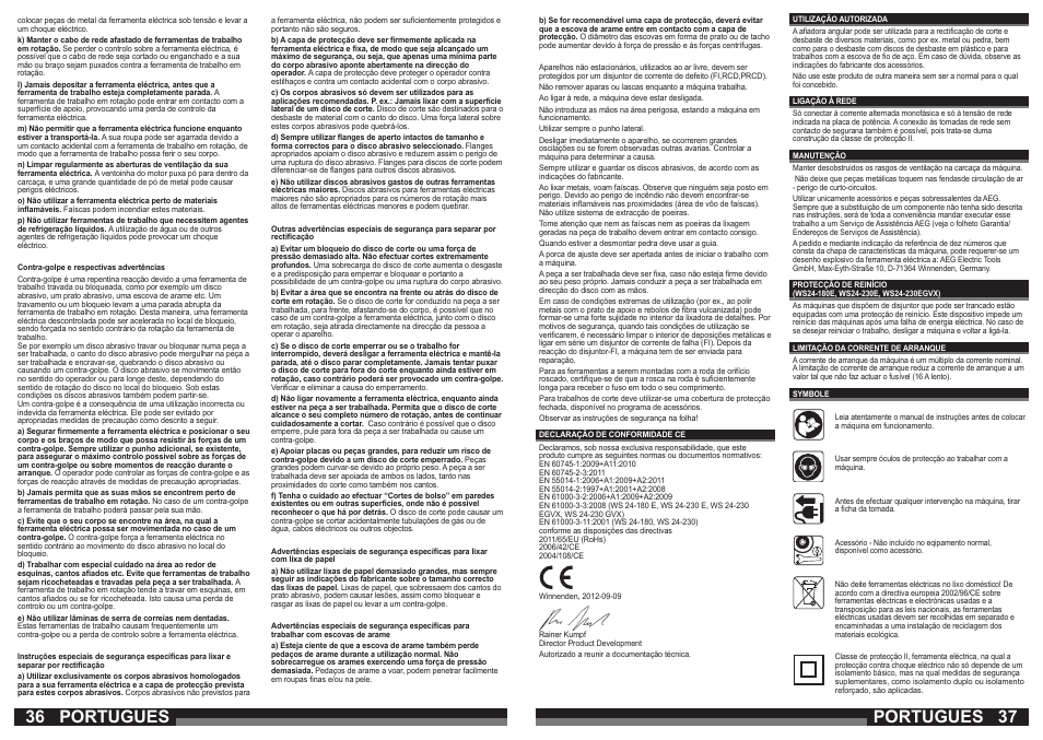 36 37 portugues portugues | AEG WS 24-180 User Manual | Page 19 / 33