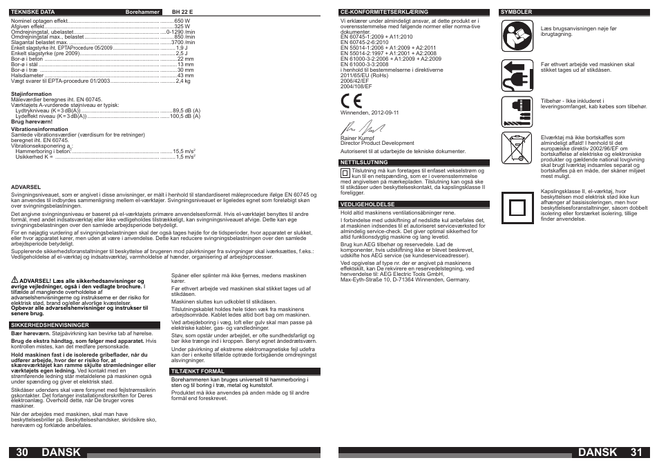 Dansk | AEG BH 22 E User Manual | Page 16 / 37