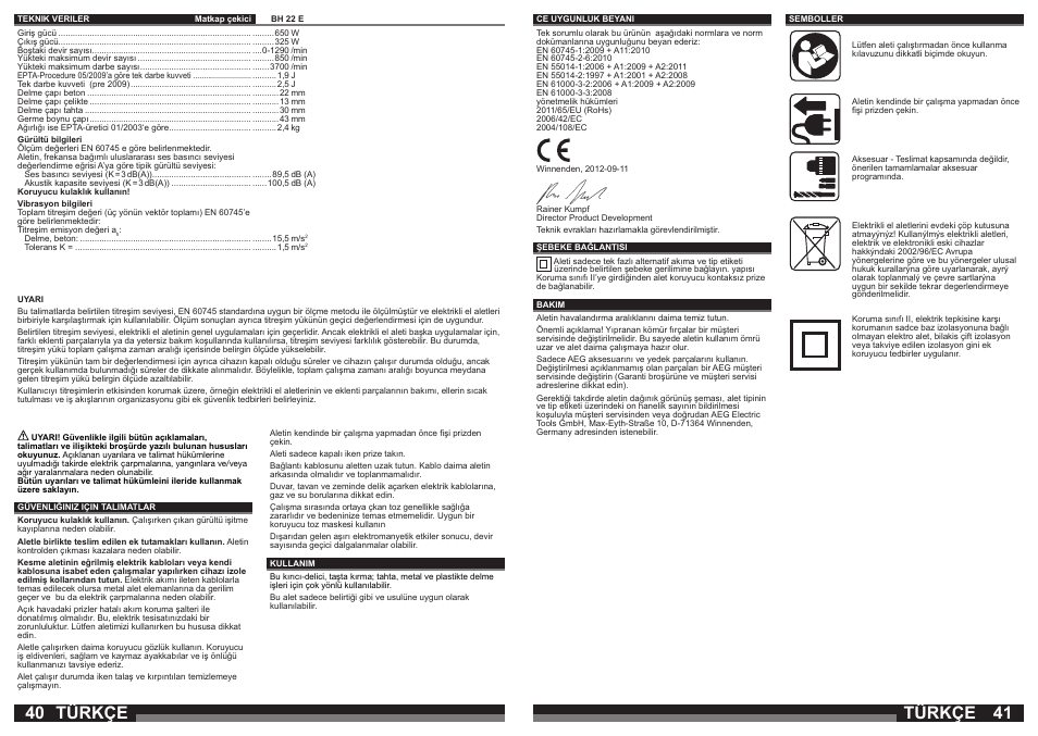 Türkçe | AEG BH 22 E User Manual | Page 21 / 37