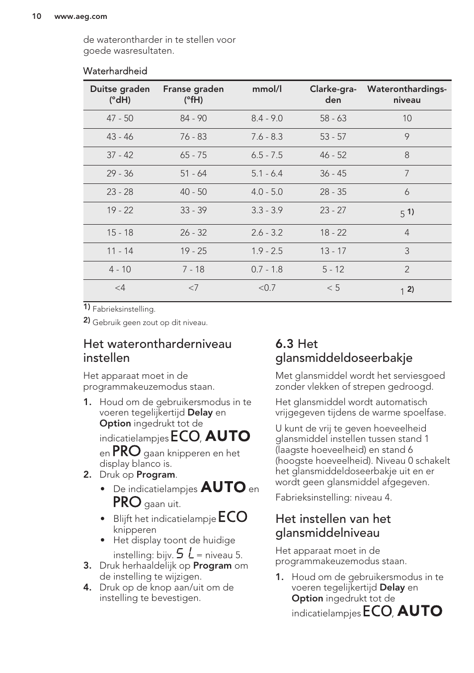 Het waterontharderniveau instellen, 3 het glansmiddeldoseerbakje, Het instellen van het glansmiddelniveau | AEG F66682M0P User Manual | Page 10 / 76
