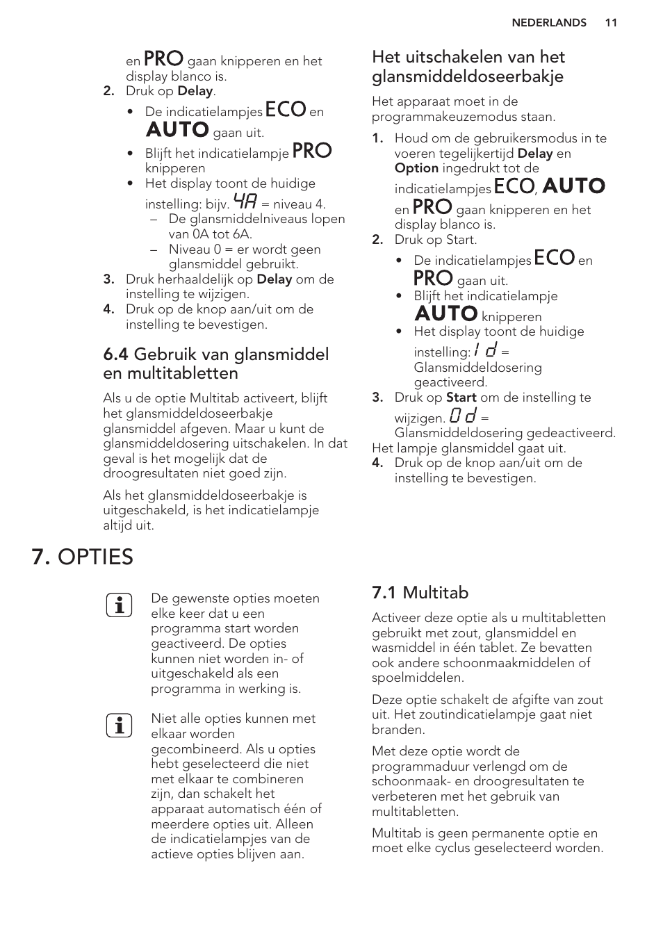4 gebruik van glansmiddel en multitabletten, Het uitschakelen van het glansmiddeldoseerbakje, Opties | 1 multitab | AEG F66682M0P User Manual | Page 11 / 76
