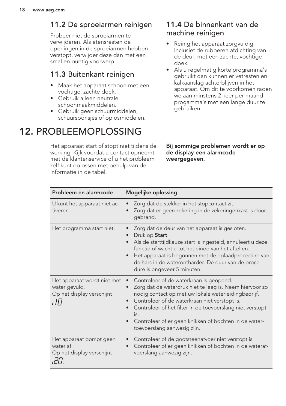 2 de sproeiarmen reinigen, 3 buitenkant reinigen, 4 de binnenkant van de machine reinigen | Probleemoplossing | AEG F66682M0P User Manual | Page 18 / 76