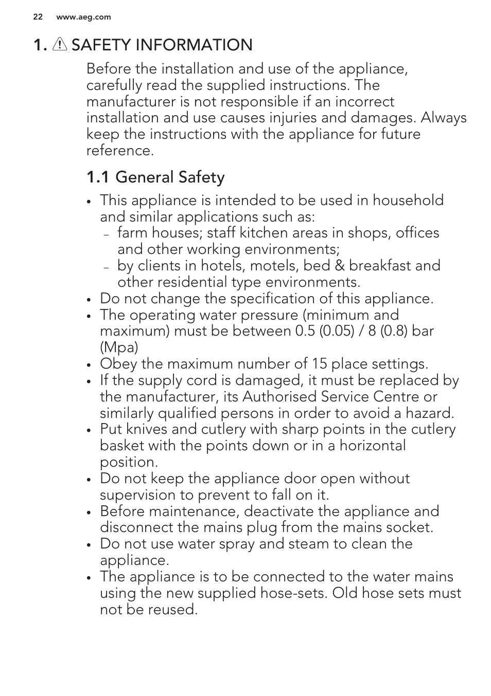 Safety information, 1 general safety | AEG F66682M0P User Manual | Page 22 / 76