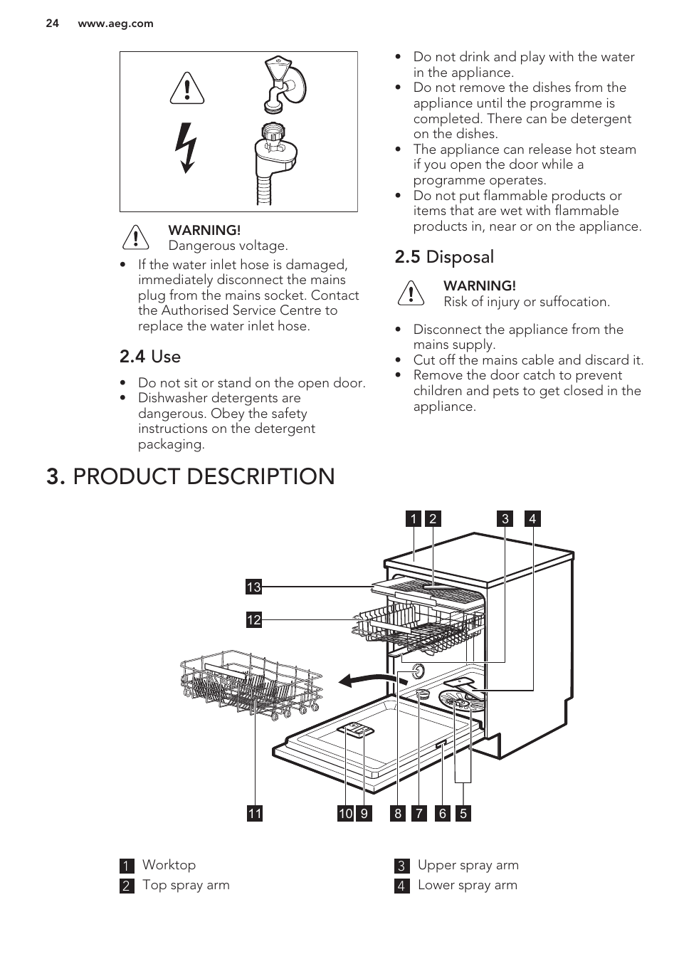 4 use, 5 disposal, Product description | AEG F66682M0P User Manual | Page 24 / 76