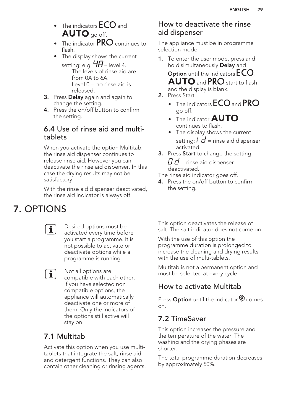 4 use of rinse aid and multi-tablets, How to deactivate the rinse aid dispenser, Options | 1 multitab, How to activate multitab, 2 timesaver, 4 use of rinse aid and multi- tablets | AEG F66682M0P User Manual | Page 29 / 76