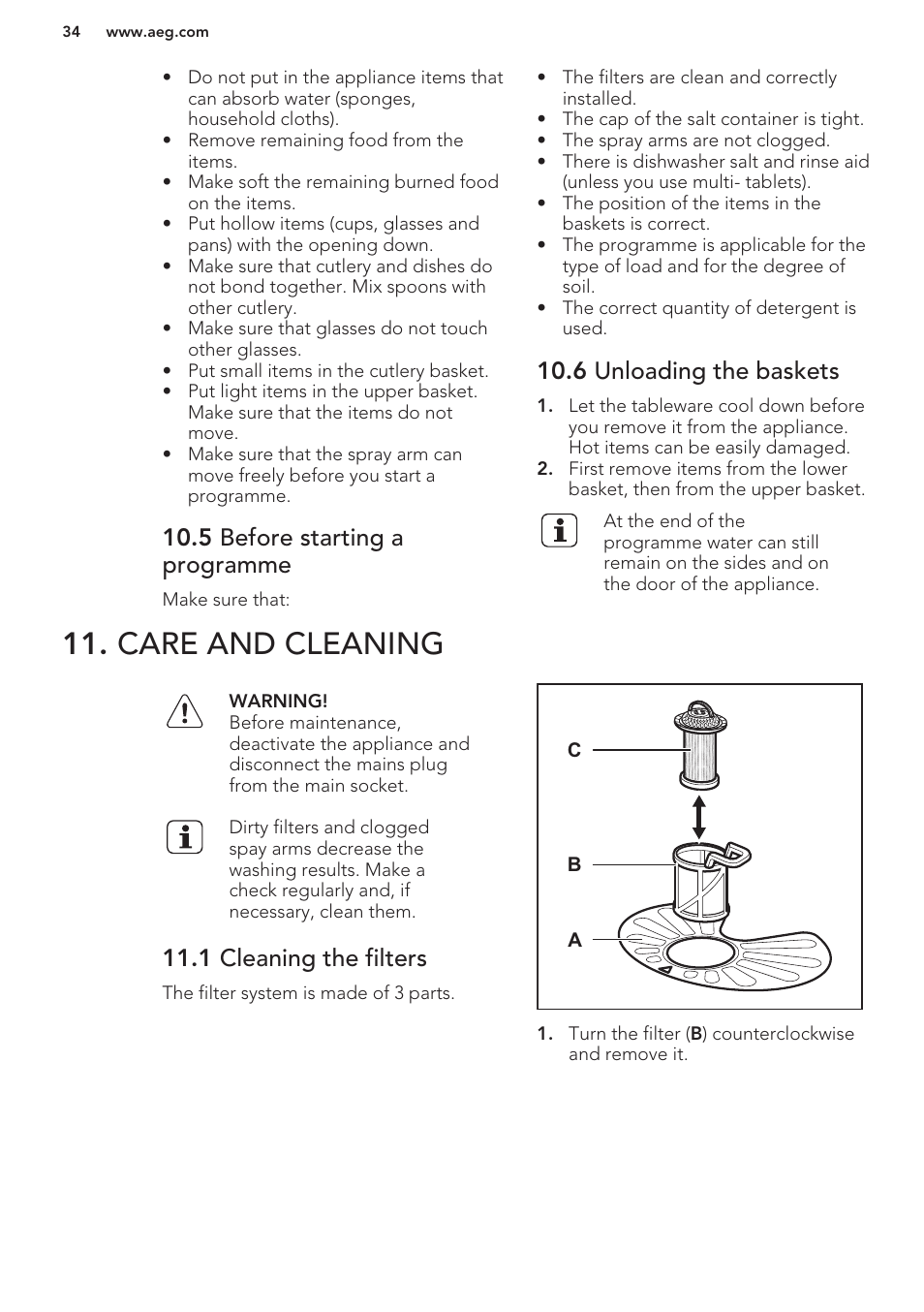 5 before starting a programme, 6 unloading the baskets, Care and cleaning | 1 cleaning the filters | AEG F66682M0P User Manual | Page 34 / 76