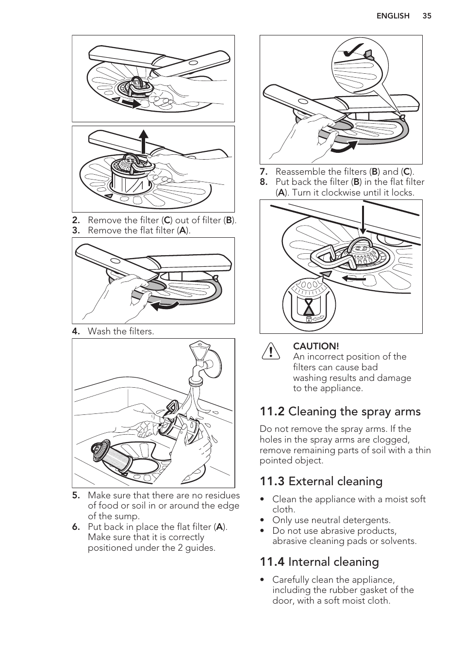 2 cleaning the spray arms, 3 external cleaning, 4 internal cleaning | AEG F66682M0P User Manual | Page 35 / 76
