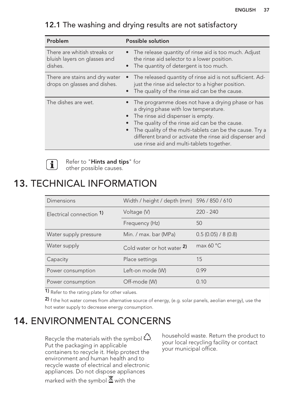 Technical information, Environmental concerns | AEG F66682M0P User Manual | Page 37 / 76