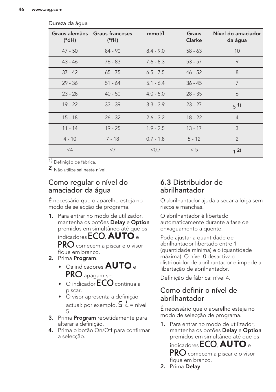 Como regular o nível do amaciador da água, 3 distribuidor de abrilhantador, Como definir o nível de abrilhantador | AEG F66682M0P User Manual | Page 46 / 76