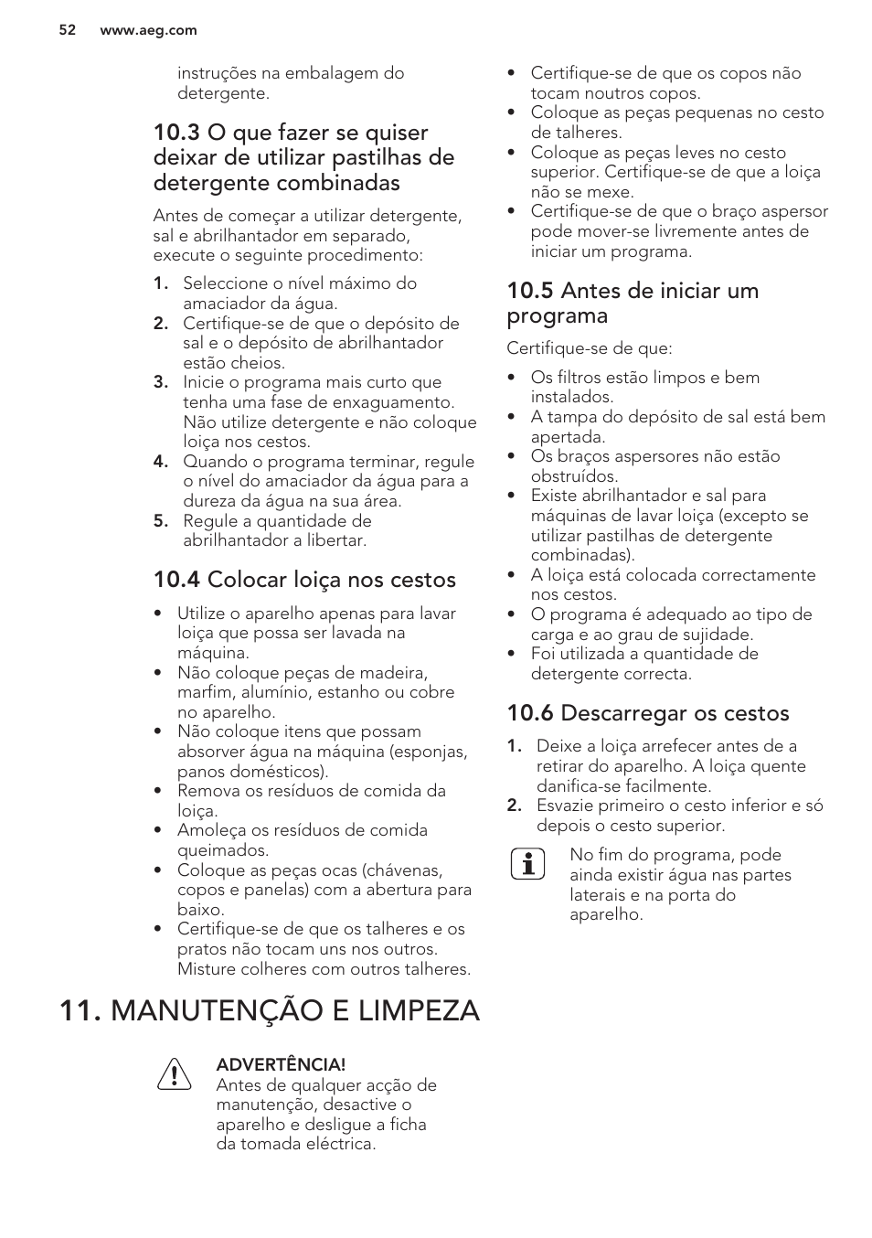 4 colocar loiça nos cestos, 5 antes de iniciar um programa, 6 descarregar os cestos | Manutenção e limpeza | AEG F66682M0P User Manual | Page 52 / 76