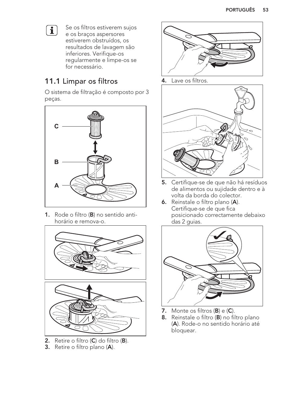 1 limpar os filtros | AEG F66682M0P User Manual | Page 53 / 76