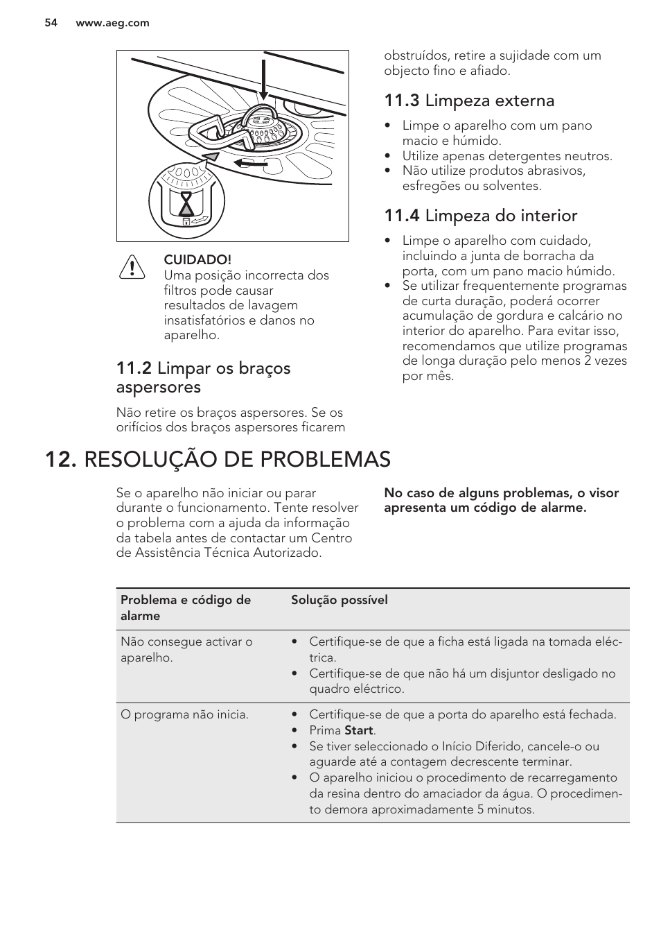 2 limpar os braços aspersores, 3 limpeza externa, 4 limpeza do interior | Resolução de problemas | AEG F66682M0P User Manual | Page 54 / 76