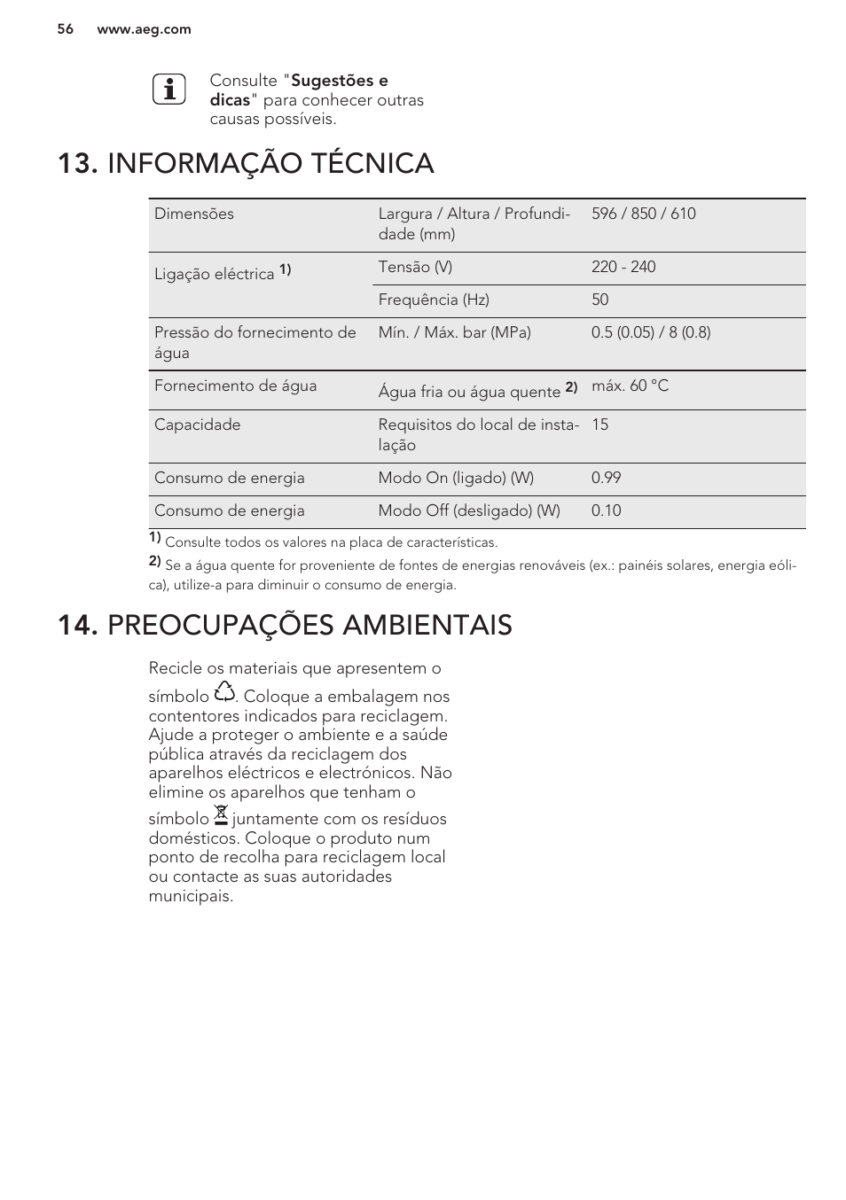 Informação técnica, Preocupações ambientais | AEG F66682M0P User Manual | Page 56 / 76