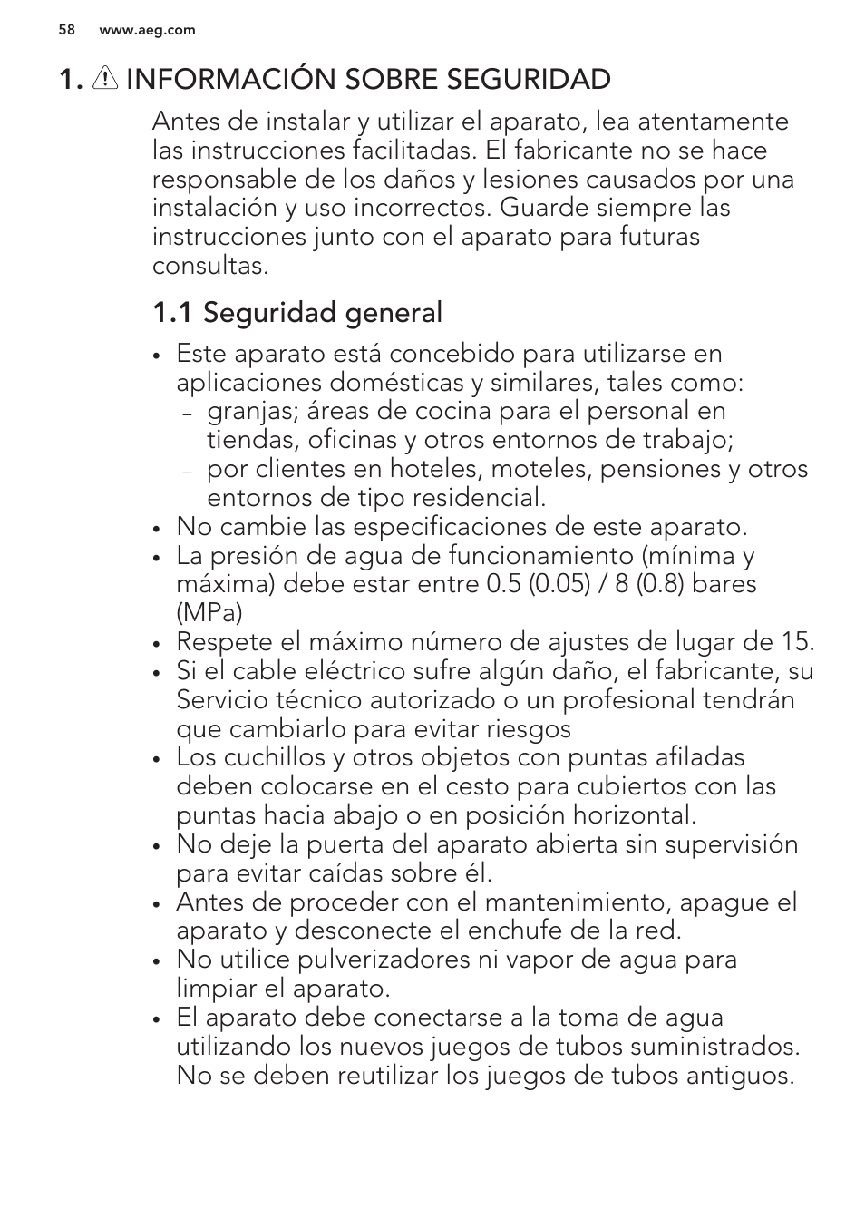 Información sobre seguridad, 1 seguridad general | AEG F66682M0P User Manual | Page 58 / 76