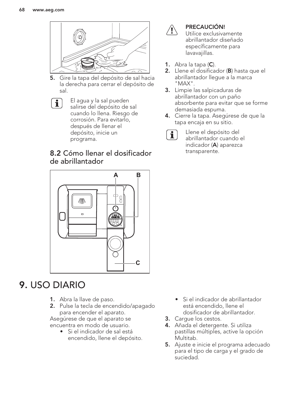 2 cómo llenar el dosificador de abrillantador, Uso diario | AEG F66682M0P User Manual | Page 68 / 76