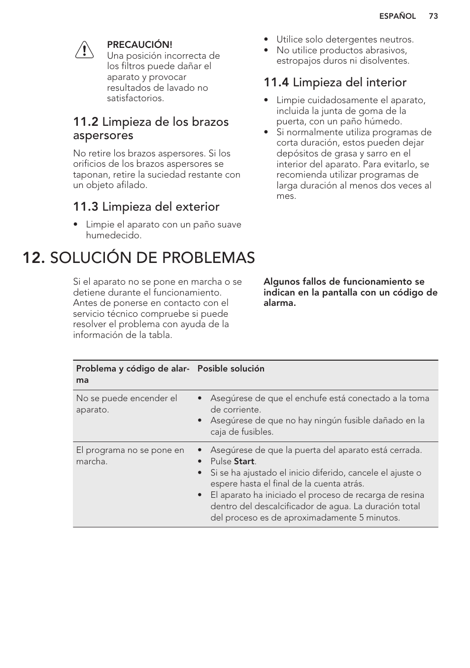 2 limpieza de los brazos aspersores, 3 limpieza del exterior, 4 limpieza del interior | Solución de problemas | AEG F66682M0P User Manual | Page 73 / 76
