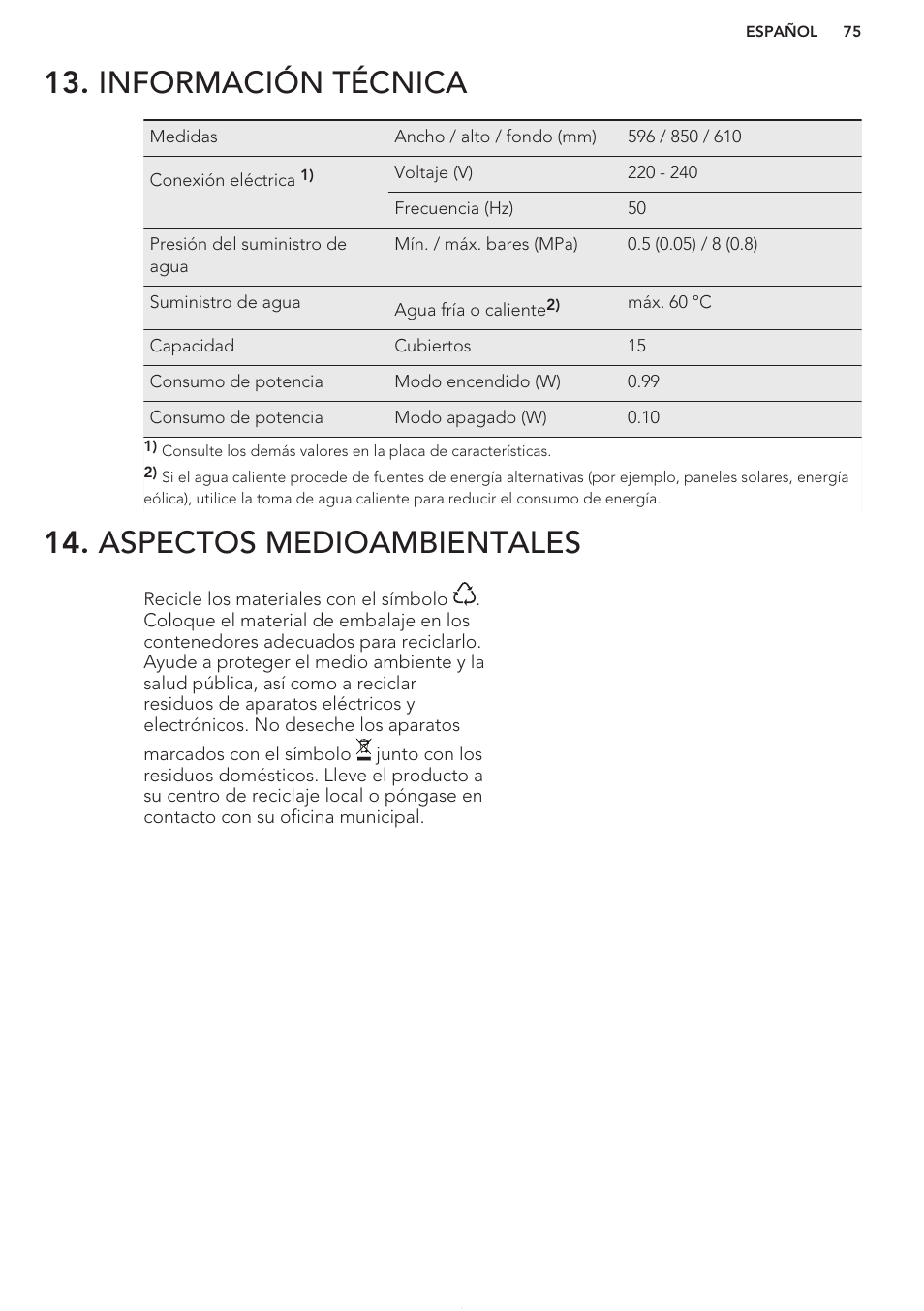 Información técnica, Aspectos medioambientales | AEG F66682M0P User Manual | Page 75 / 76