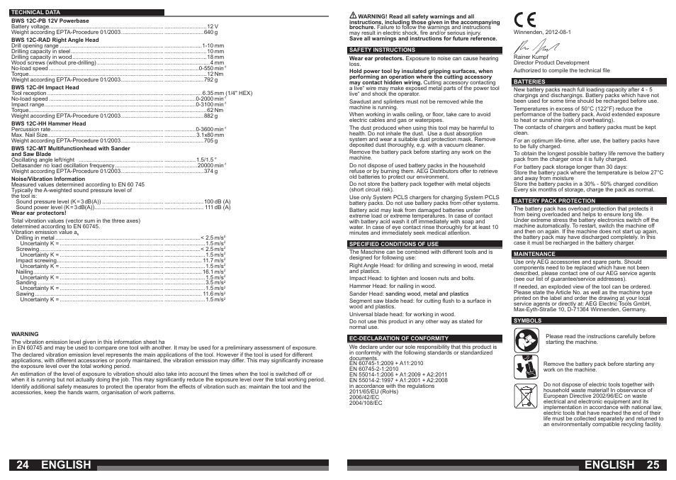 English | AEG BWS 12C User Manual | Page 13 / 41