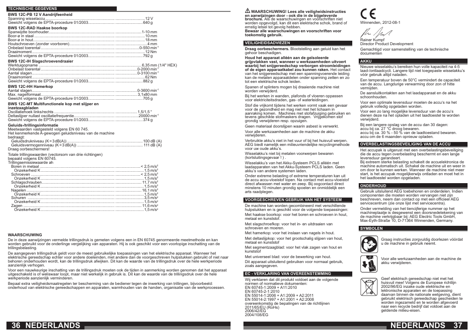 Nederlands | AEG BWS 12C User Manual | Page 19 / 41