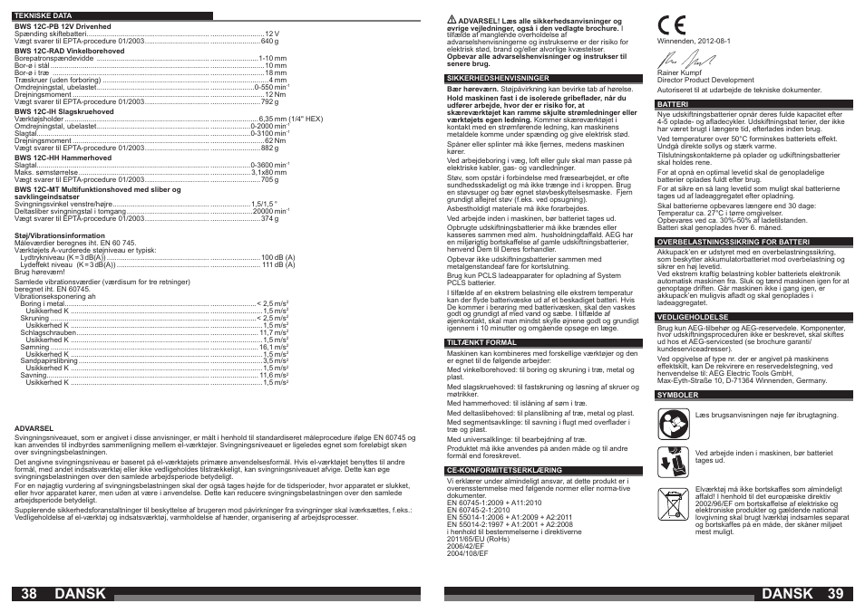 Dansk | AEG BWS 12C User Manual | Page 20 / 41