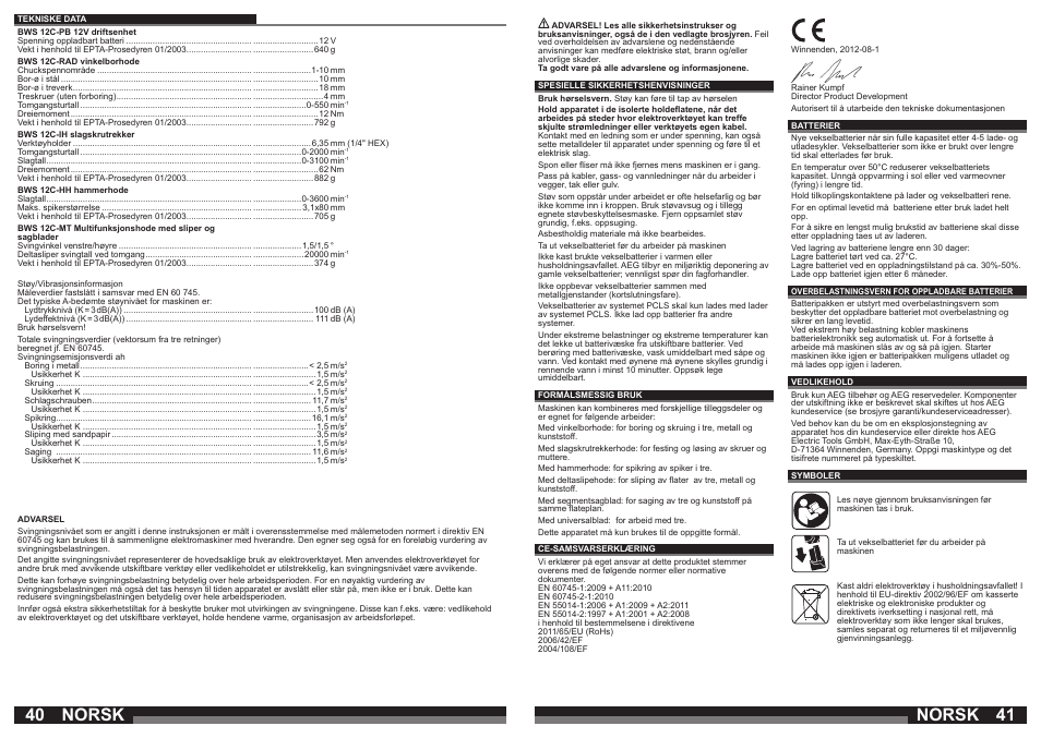 Norsk | AEG BWS 12C User Manual | Page 21 / 41