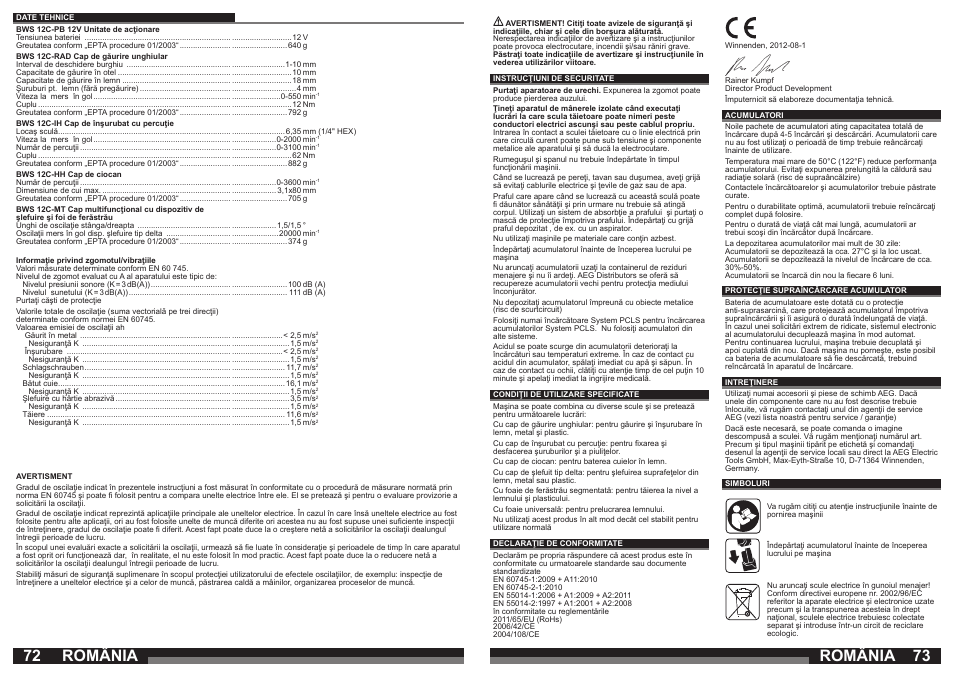 România | AEG BWS 12C User Manual | Page 37 / 41