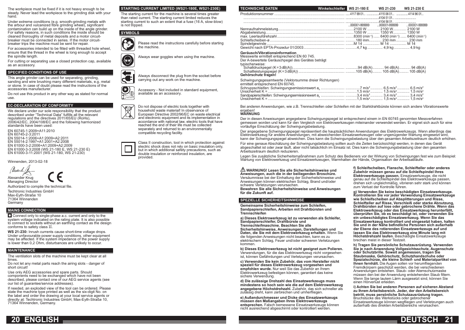 English, Deutsch | AEG WS 21-230 E User Manual | Page 11 / 31
