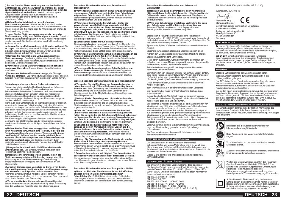 Deutsch | AEG WS 21-230 E User Manual | Page 12 / 31