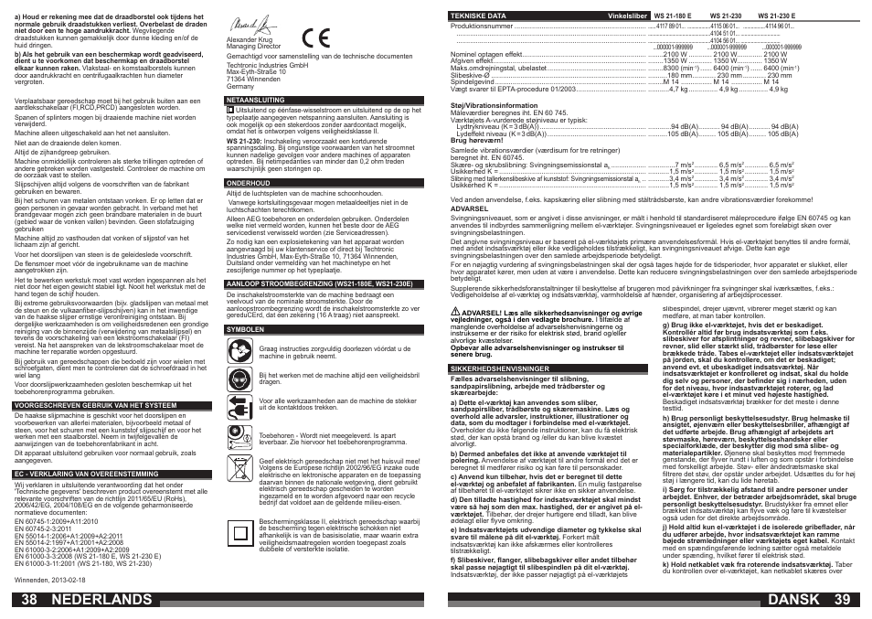 Nederlands, Dansk | AEG WS 21-230 E User Manual | Page 20 / 31