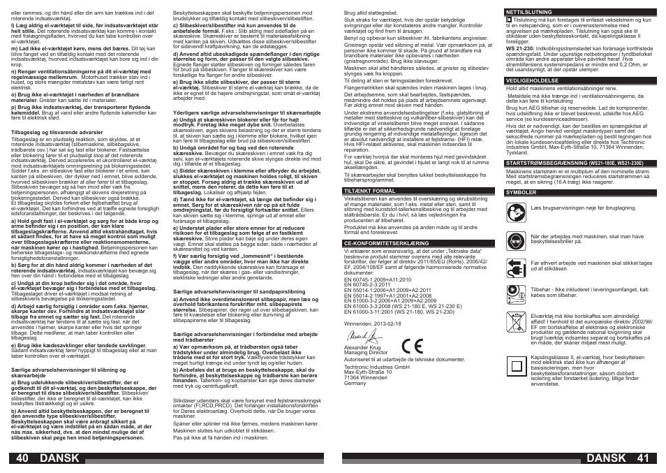 40 41 dansk, Dansk | AEG WS 21-230 E User Manual | Page 21 / 31