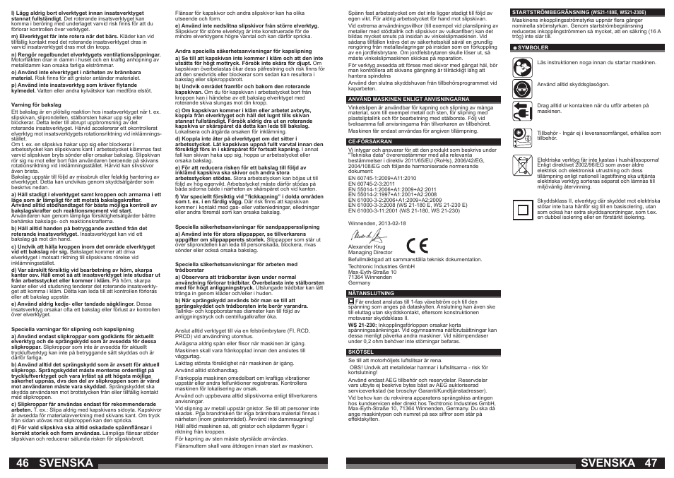 46 47 svenska, Svenska | AEG WS 21-230 E User Manual | Page 24 / 31