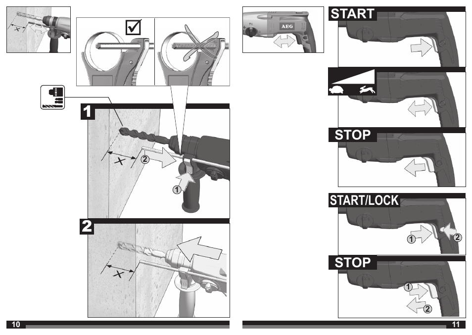 Start stop start/lock stop | AEG BH 24 E User Manual | Page 6 / 37
