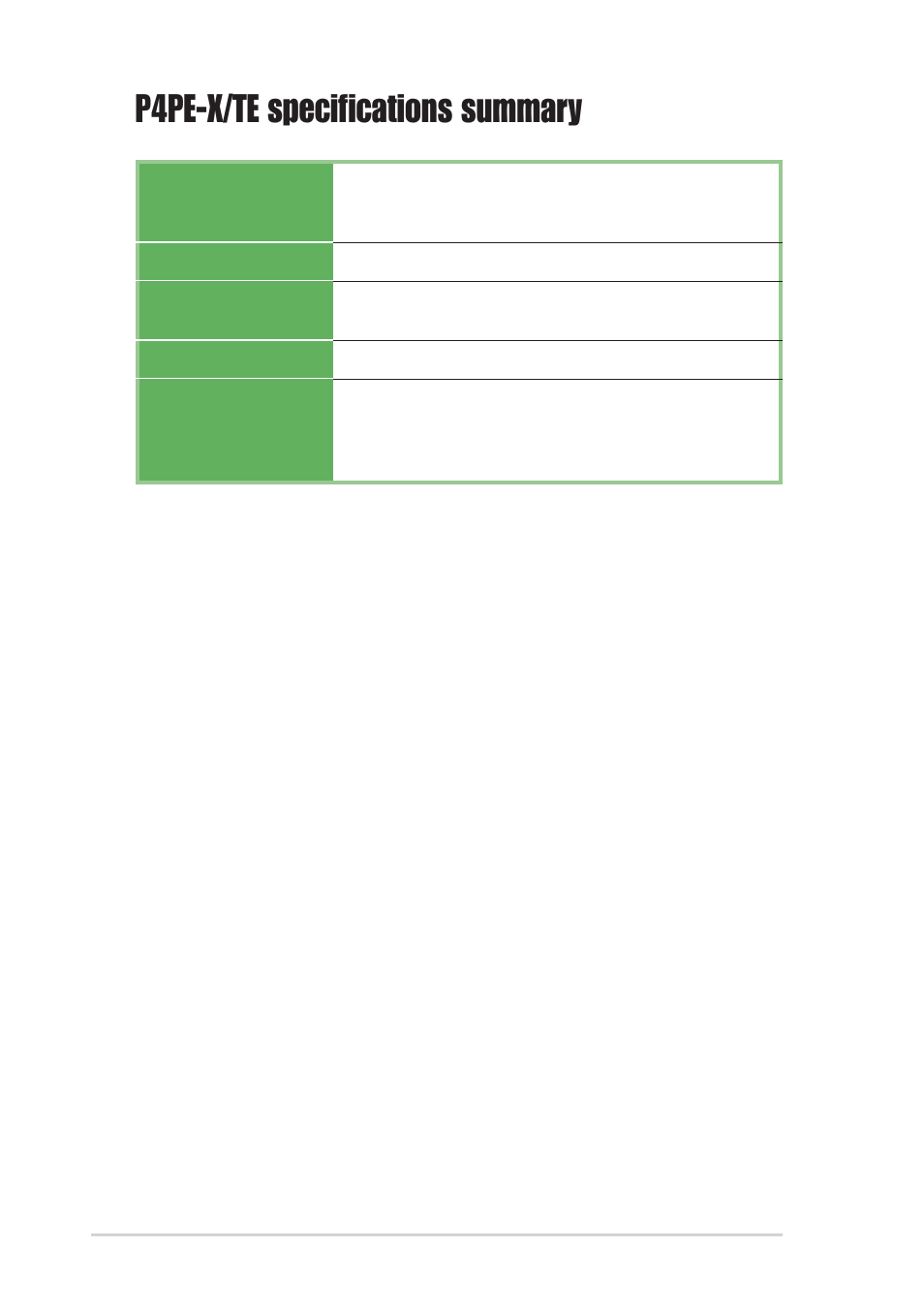 P4pe-x/te specifications summary | Asus P4PE-X/TE User Manual | Page 10 / 70