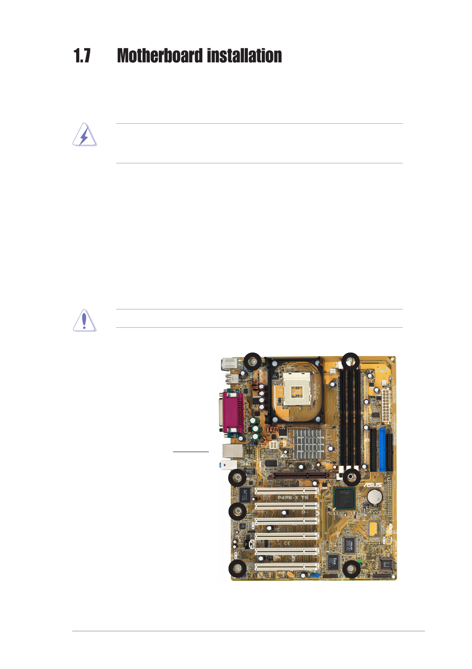 7 motherboard installation, 1 placement direction, 2 screw holes | Asus P4PE-X/TE User Manual | Page 19 / 70