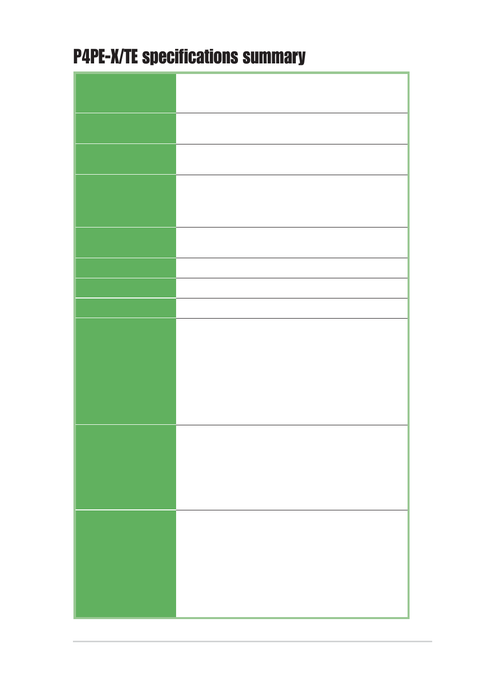 P4pe-x/te specifications summary | Asus P4PE-X/TE User Manual | Page 9 / 70