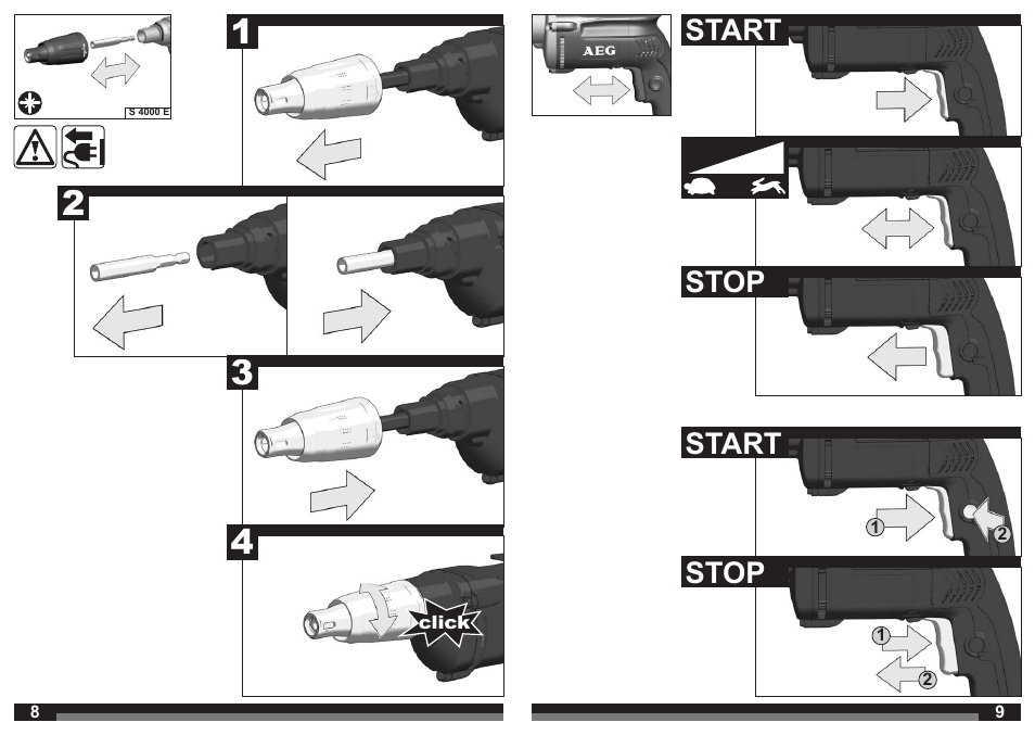 Start, Start stop stop | AEG S 4000 E User Manual | Page 5 / 37