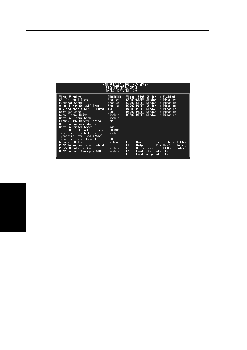 Iv. bios software, Bios features setup | Asus P/I-P55T2P4S User Manual | Page 40 / 68