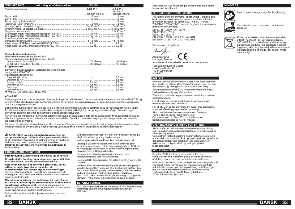 Dansk | AEG BSB 18C LI User Manual | Page 17 / 37