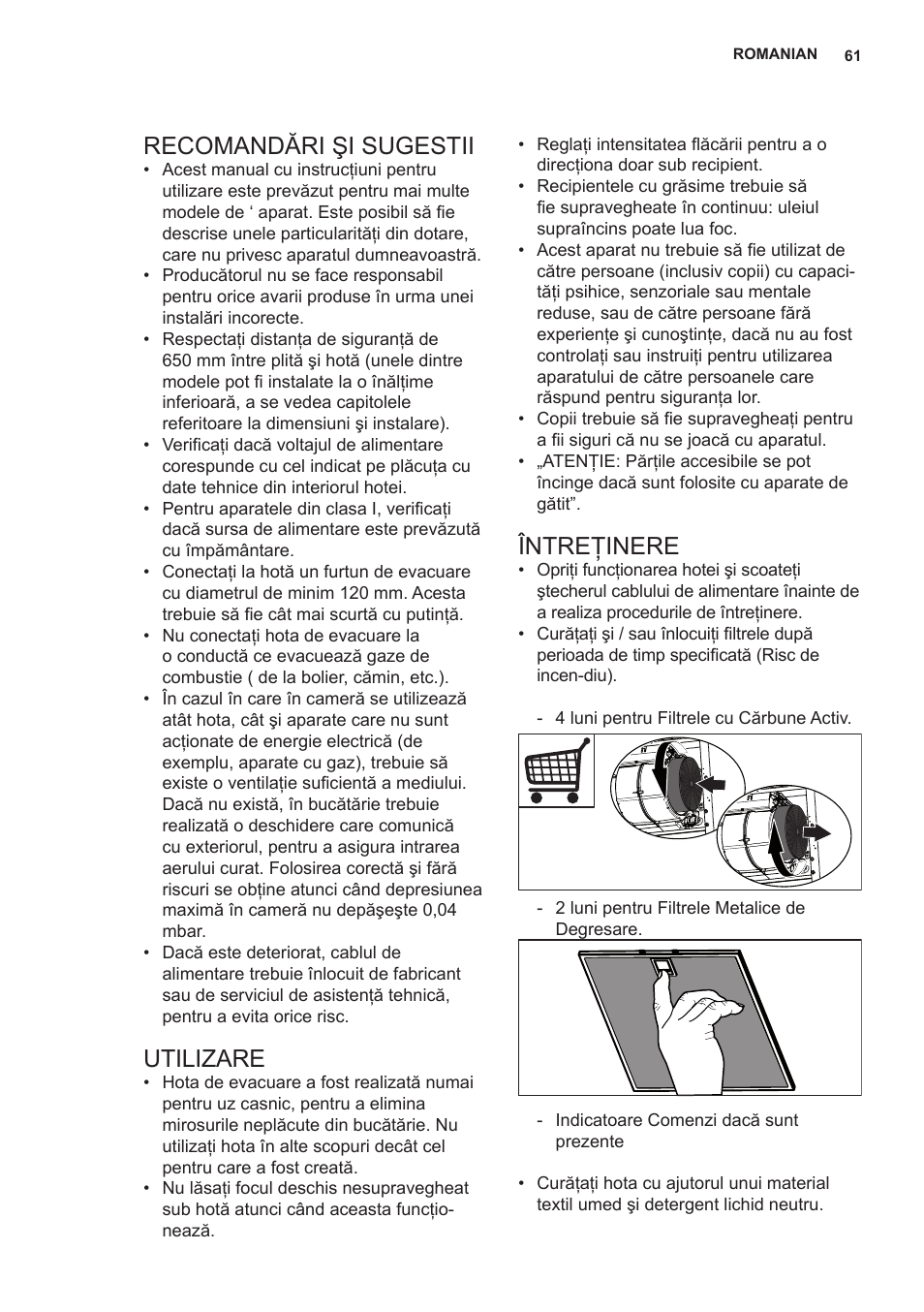 Recomandări şi sugestii, Utilizare, Întreţinere | AEG X66453MD10 User Manual | Page 61 / 96