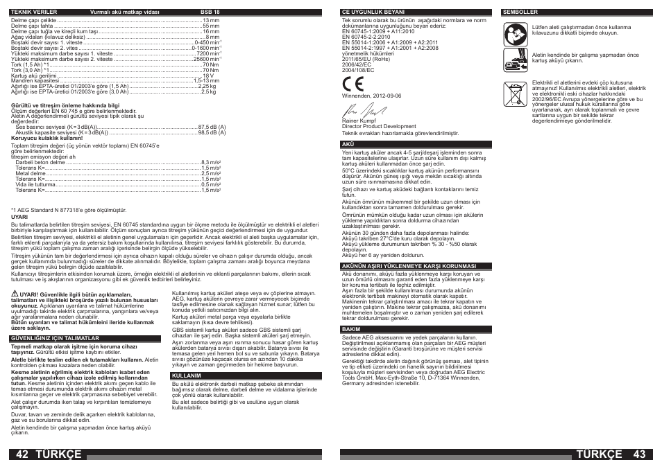 Türkçe | AEG BSB 18 LI User Manual | Page 22 / 37