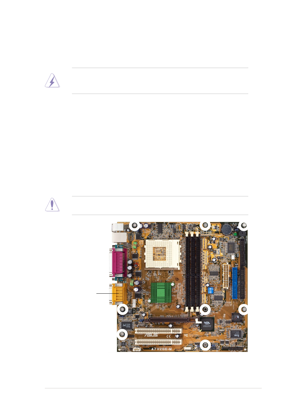 1 motherboard installation, 1 placement direction, 2 screw holes | Asus A7V266-M User Manual | Page 19 / 116