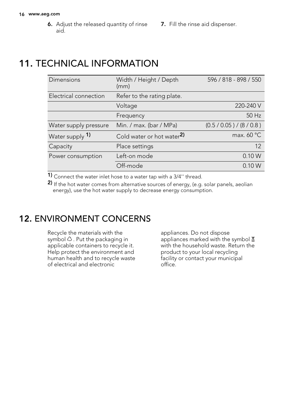 Technical information, Environment concerns | AEG F65020IM0P User Manual | Page 16 / 52