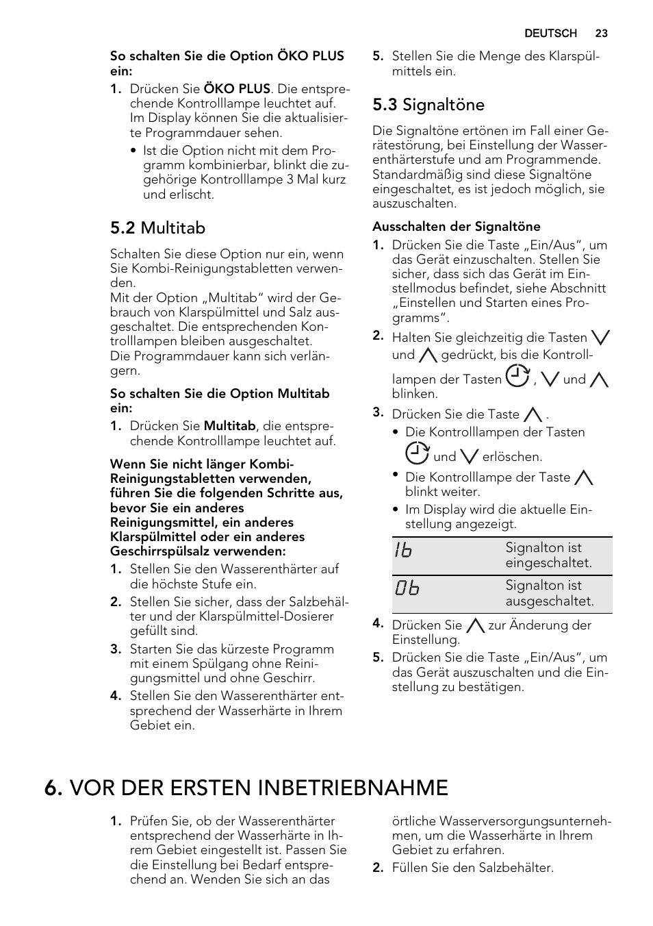 Vor der ersten inbetriebnahme, 2 multitab, 3 signaltöne | AEG F65020IM0P User Manual | Page 23 / 52