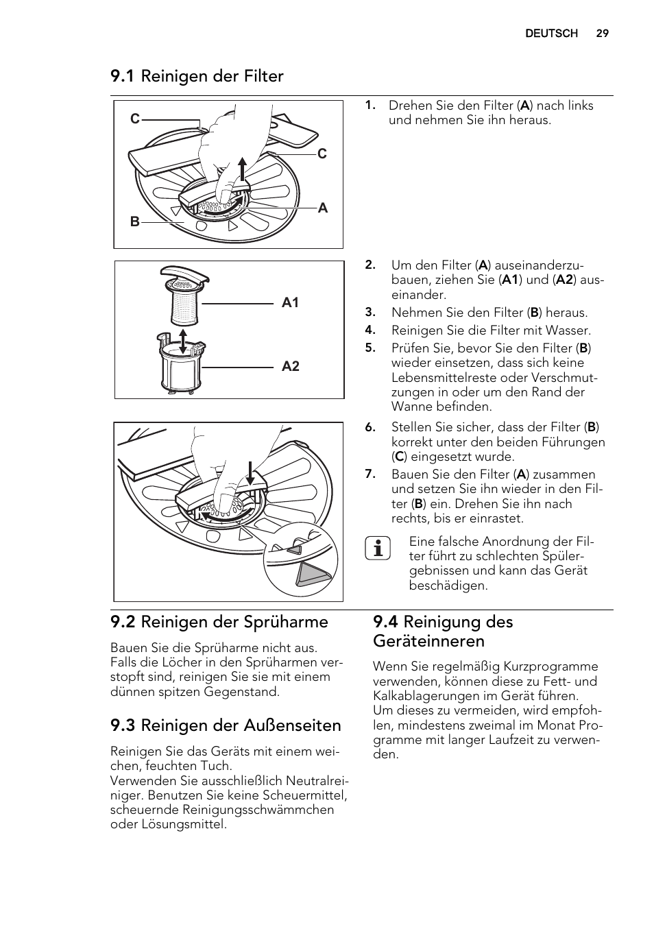 1 reinigen der filter, 2 reinigen der sprüharme, 3 reinigen der außenseiten | 4 reinigung des geräteinneren | AEG F65020IM0P User Manual | Page 29 / 52